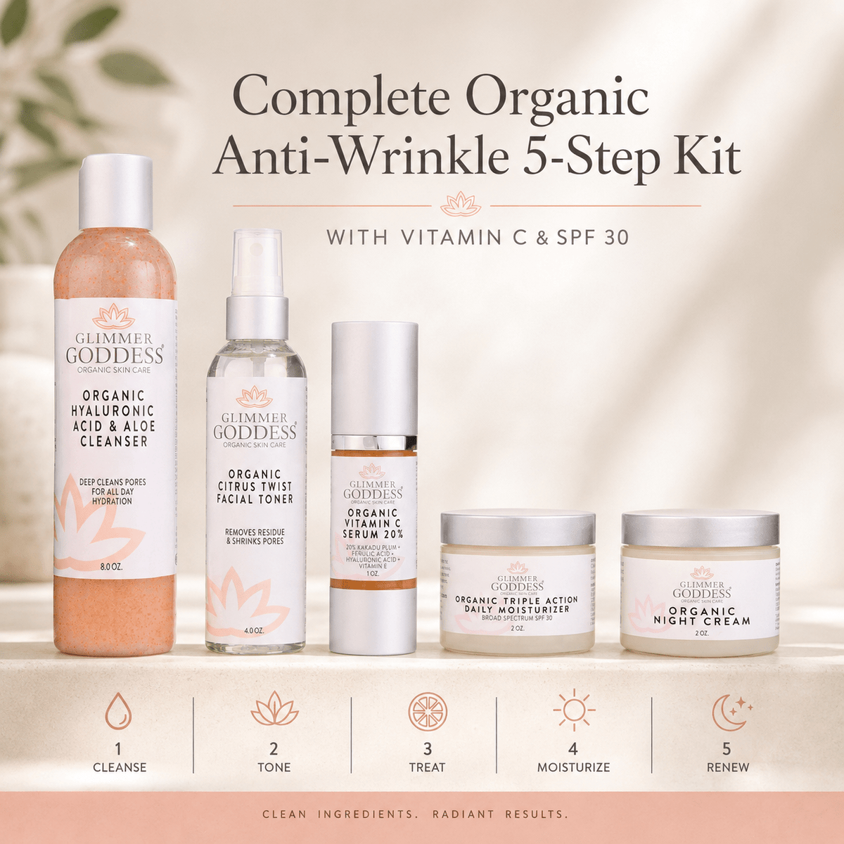 Complete Organic Anti-Wrinkle 5-Step Kit with Vitamin C & SPF 30 - Mimi Glow