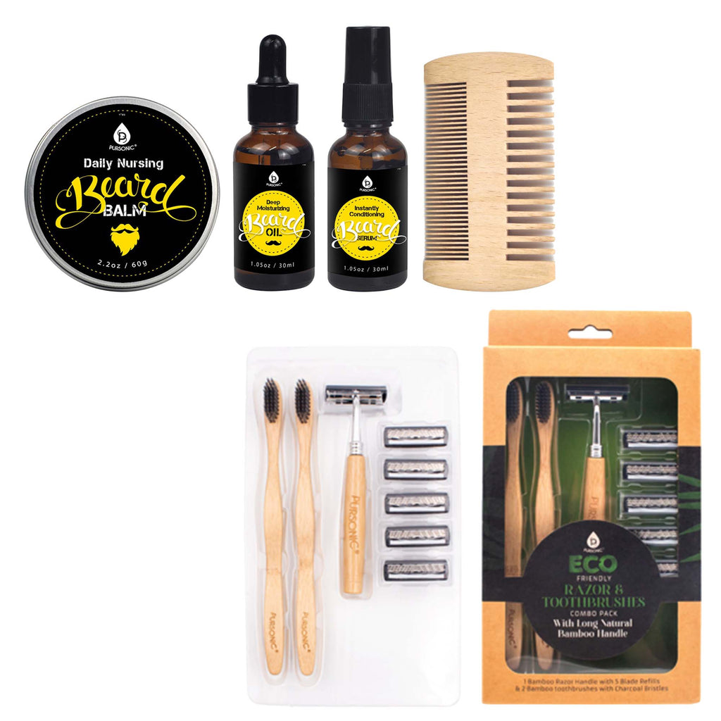 Pursonic Beard Care Grooming Kit & Eco Friendly Razor + Toothbrushes Combo Pack - Mimi Glow